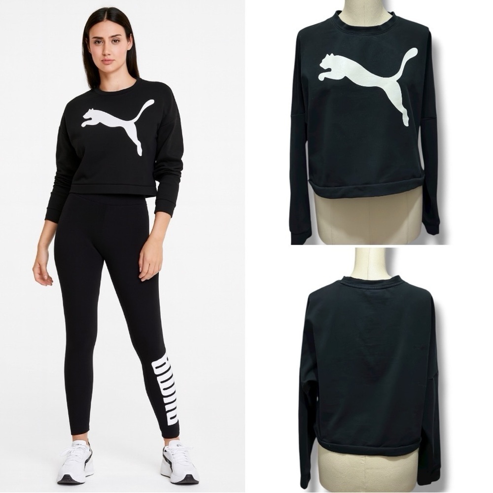 446 PUMA | EUC Women’s Black Cropped Sweatshirt with White Cat Logo (Size M)
